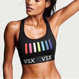 VICTORIA SECRET black & rainbow striped VSX unlined halter scoop sports bra